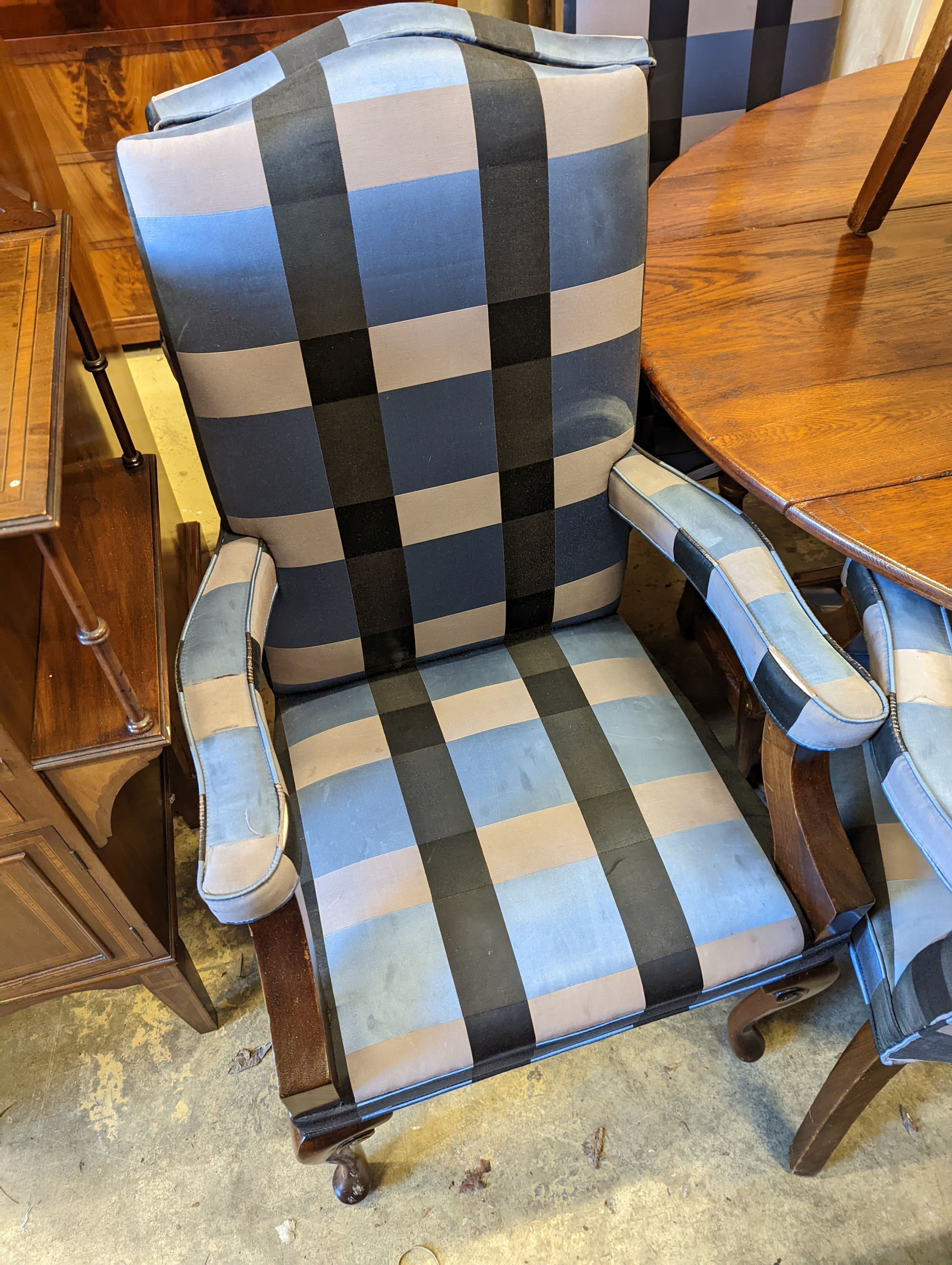 A set of ten reproduction George II style mahogany elbow chairs, width 60cm, depth 53cm, height 110cm